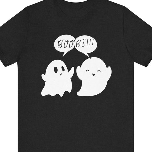 Gay pride t-shirt featuring BOO-BS!!! funny lesbian LGBTQ+ Halloween design – Designed by Queer Energy in black