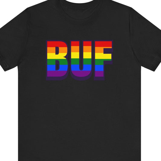 Black T-shirt that says BUF | Buffalo| Pride tee with the text in Pride rainbow colors
