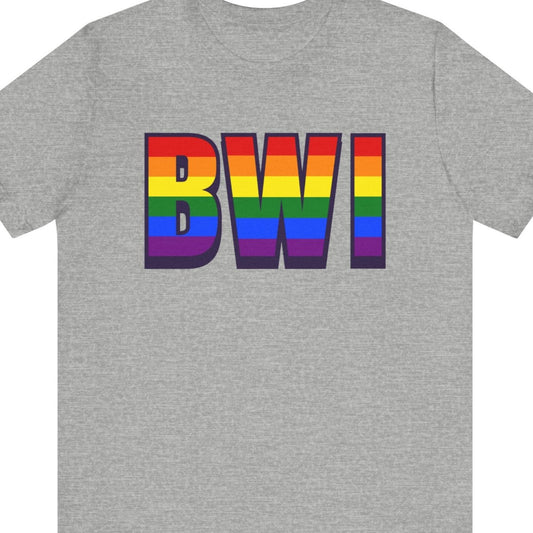 Gray T-shirt that says BWI | Baltimore| Pride tee with the text in Pride rainbow colors