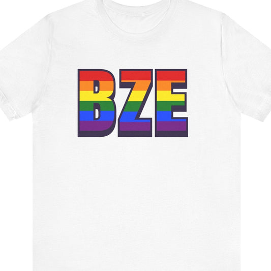 White T-shirt that says BZE | Belize | Pride tee with the text in Pride rainbow colors