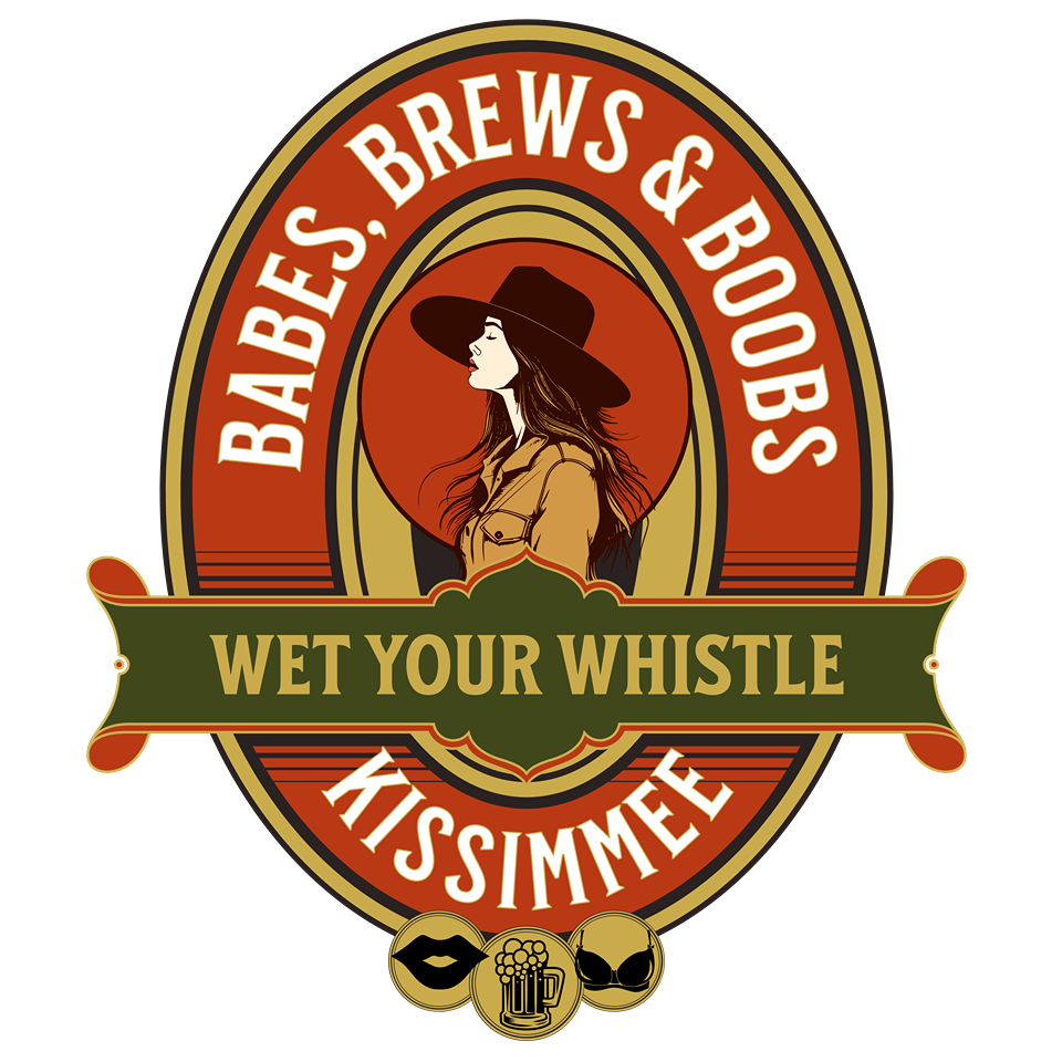 Logo with Lesbian text that says 'Babes, Brews & Boobs' and 'Wet Your Whistle Kissimmee' on a black background.