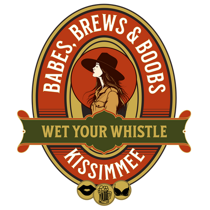 Logo with Lesbian text that says 'Babes, Brews & Boobs' and 'Wet Your Whistle Kissimmee' on a black background.