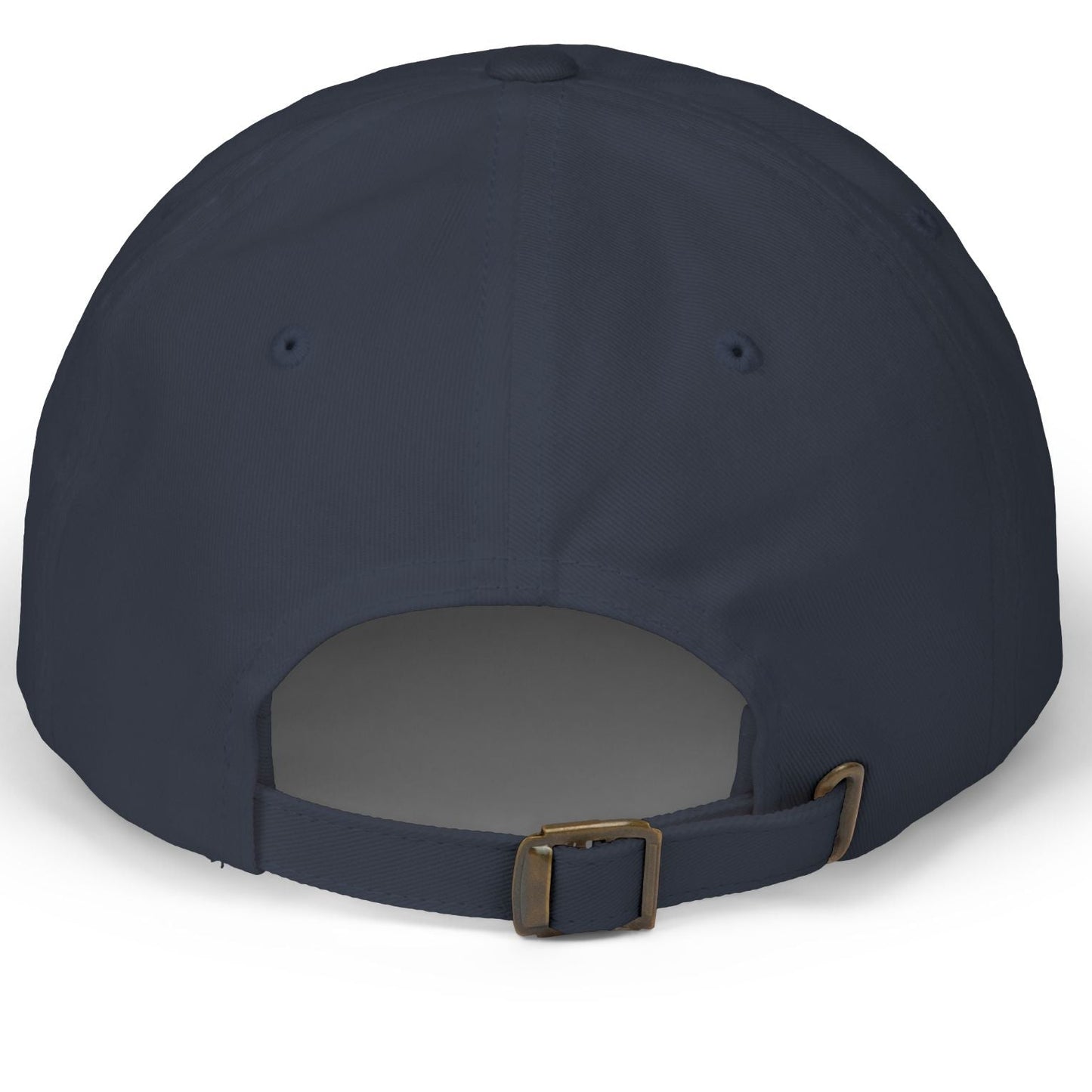 Back of a Lesbian Navy blue cap with a brown buckle on a white background