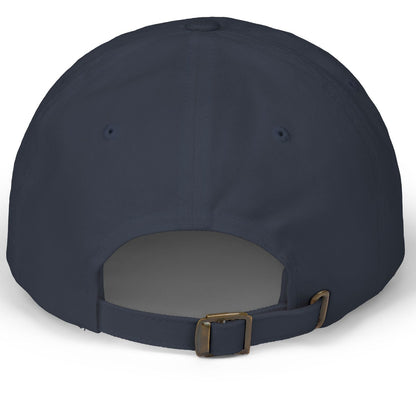 Back of a Lesbian Navy blue cap with a brown buckle on a white background