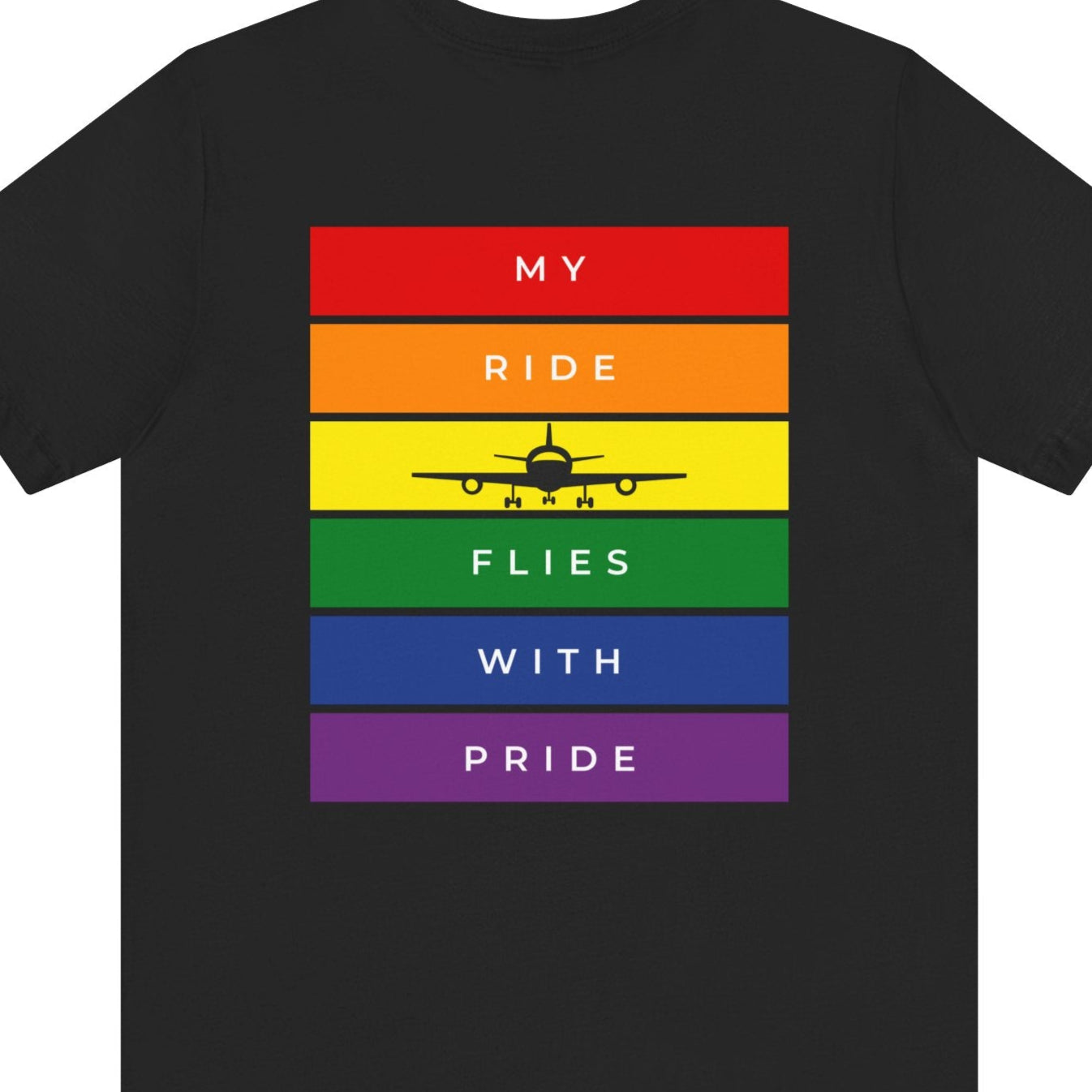 Back of black Gay pride t-shirt that says “Airplane Mode” on the front and has an airplane with LGBTQ rainbow colors on the back – Designed by Queer Energy