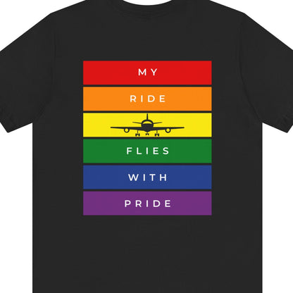 Back of black Gay pride t-shirt that says “Airplane Mode” on the front and has an airplane with LGBTQ rainbow colors on the back – Designed by Queer Energy