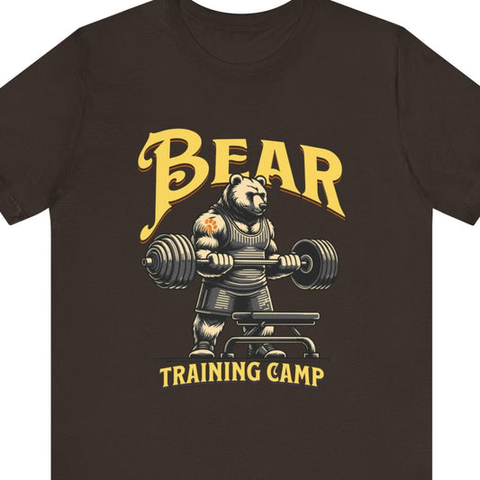 Gay pride t-shirt featuring Bear Training Camp funny LGBTQ+ bear design – Designed by Queer Energy in brown