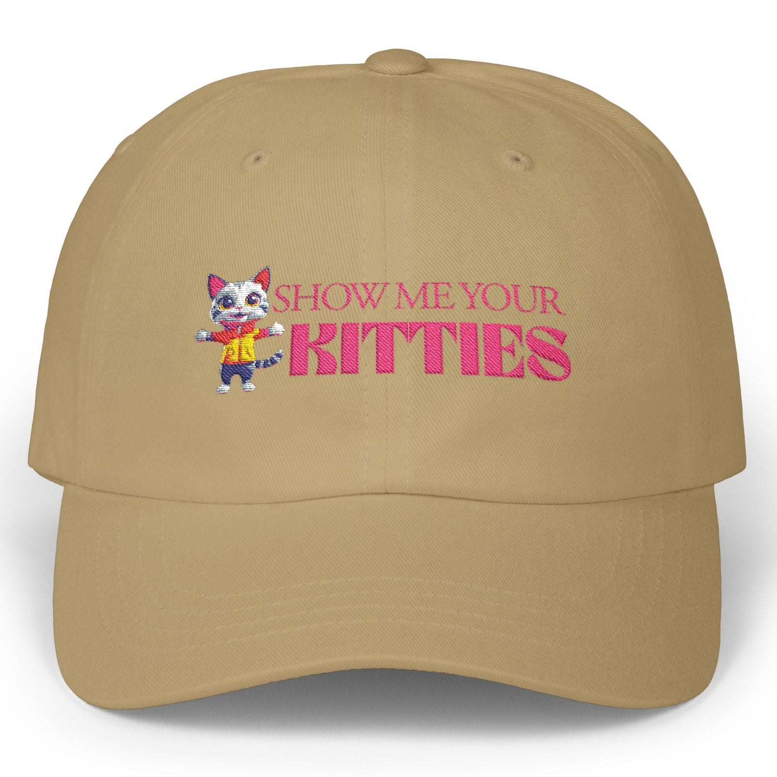 Beige Lesbian cap with cartoon cat and text 'Show Me Your Kitties' on a white background