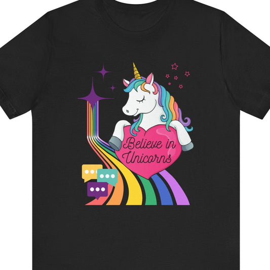 Gay pride t-shirt featuring Believe in Unicorns rainbow LGBTQ+ unicorn design – Designed by Queer Energy in black