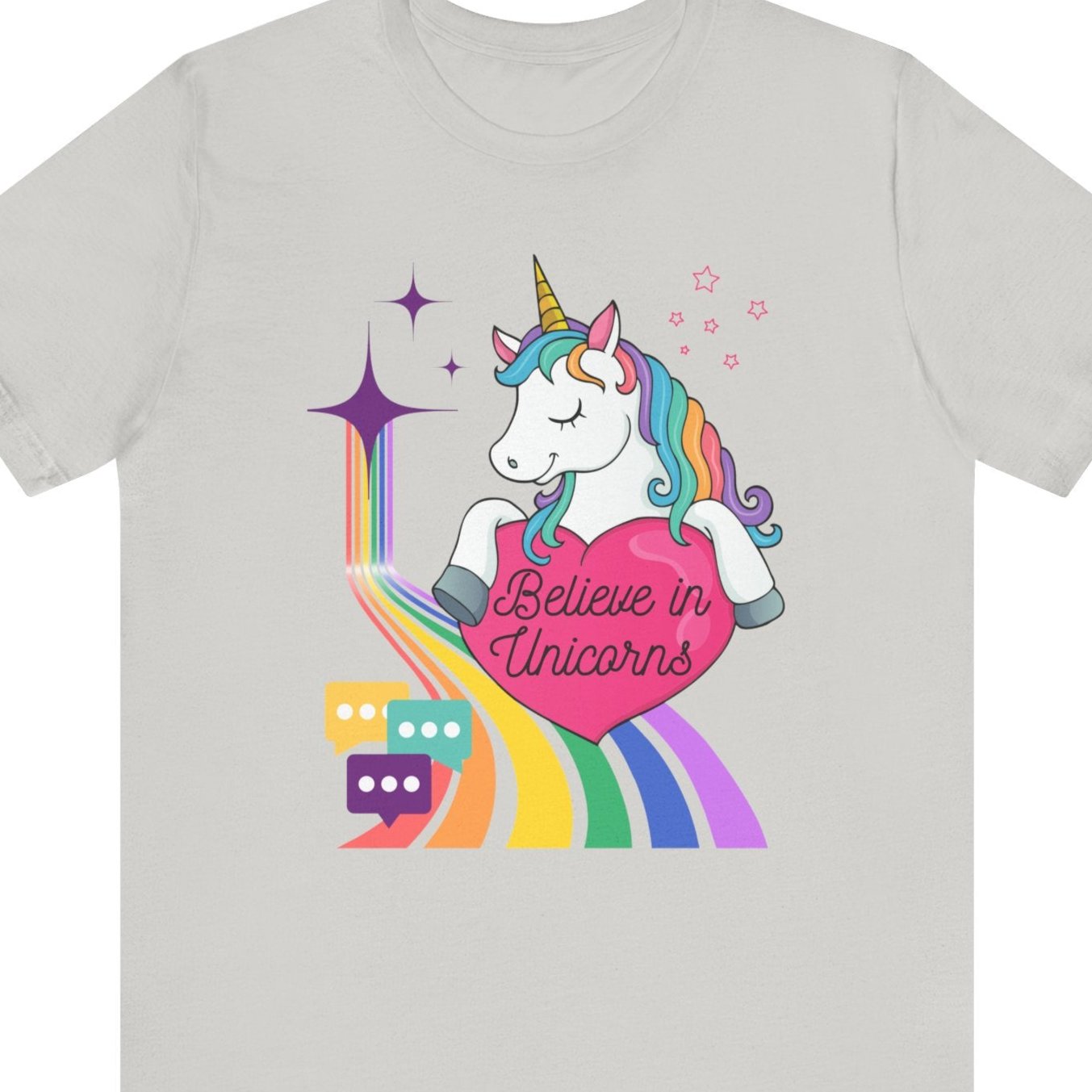 Gay pride t-shirt featuring Believe in Unicorns rainbow LGBTQ+ unicorn design – Designed by Queer Energy in gray