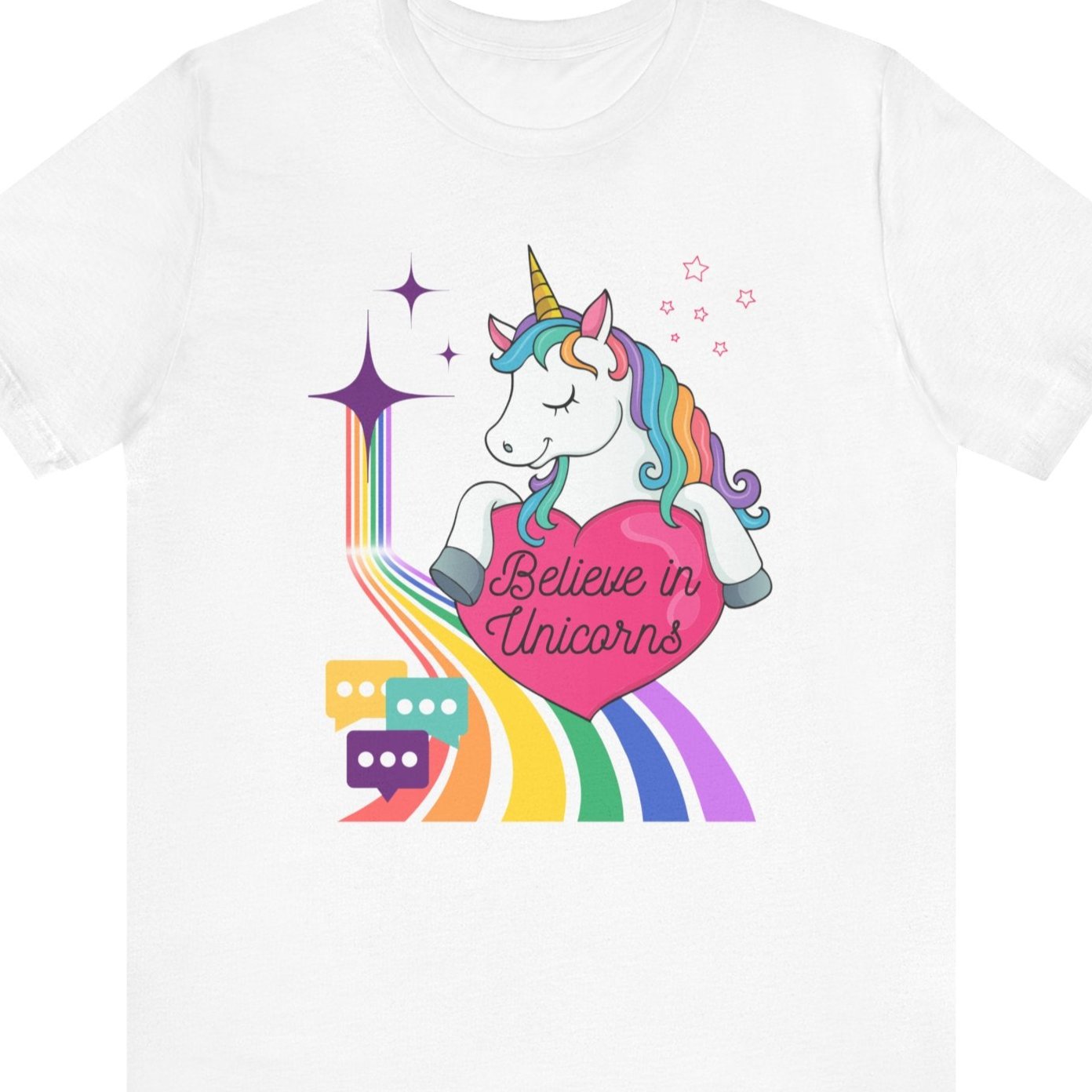 Gay pride t-shirt featuring Believe in Unicorns rainbow LGBTQ+ unicorn design – Designed by Queer Energy in white