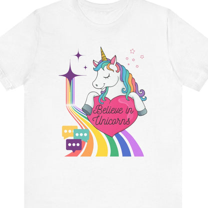 Gay pride t-shirt featuring Believe in Unicorns rainbow LGBTQ+ unicorn design – Designed by Queer Energy in white