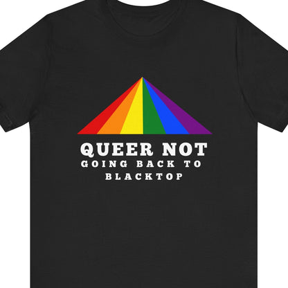 Black t-shirt with rainbow crosswalk and text on a white background