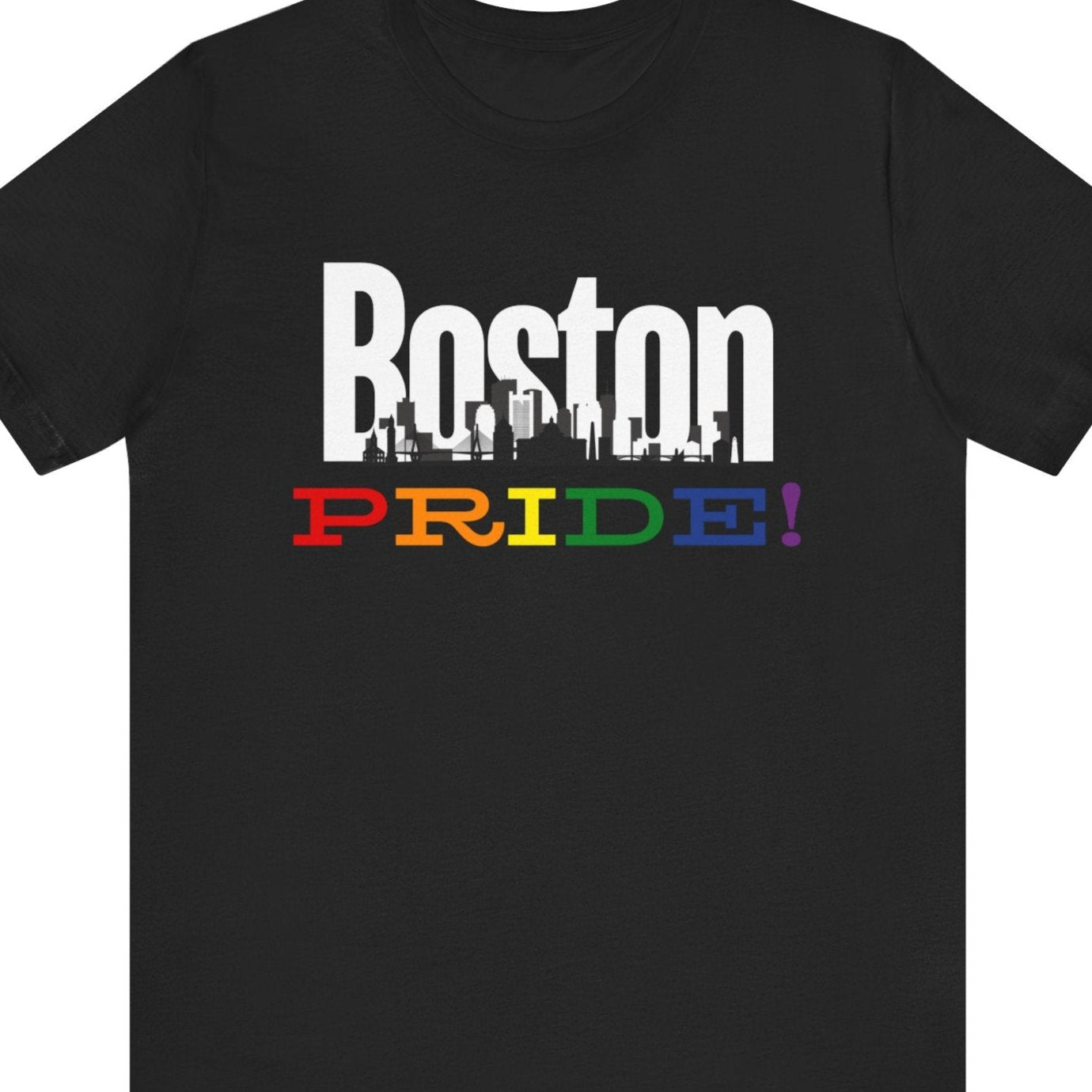 Black Gay pride t-shirt featuring the Boston skyline with rainbow accents and the Zakim Bridge – Designed by Queer Energy