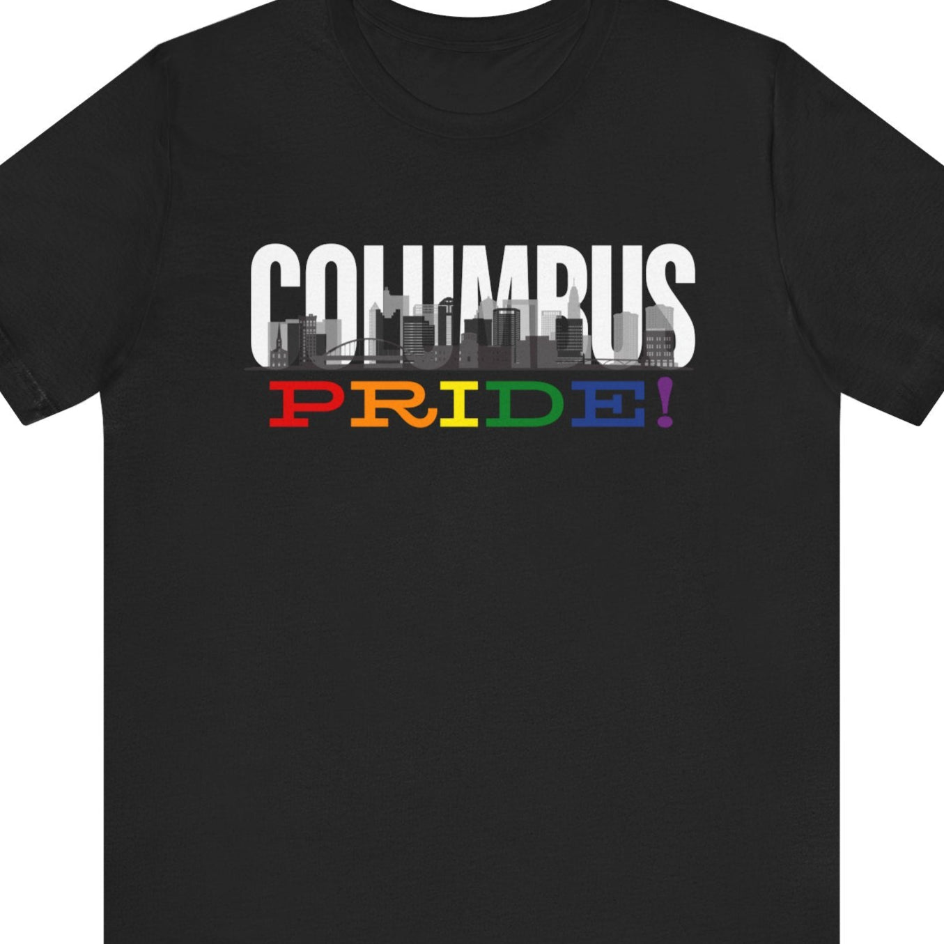 Gay pride black t-shirt featuring the Columbus skyline with rainbow accents and the LeVeque Tower – Designed by Queer Energy