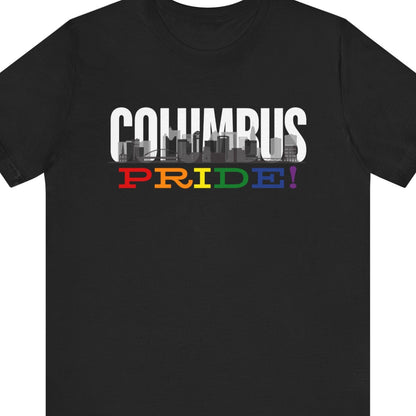 Gay pride black t-shirt featuring the Columbus skyline with rainbow accents and the LeVeque Tower – Designed by Queer Energy