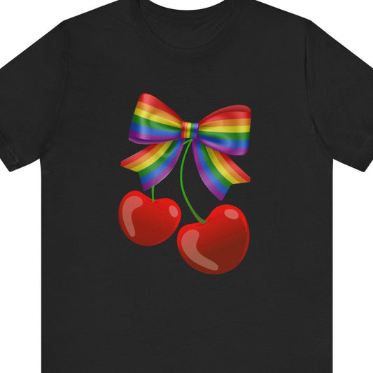 Black T-shirt with Coquette-style cherry design and LGBTQ Pride bow – Designed by Queer Energy