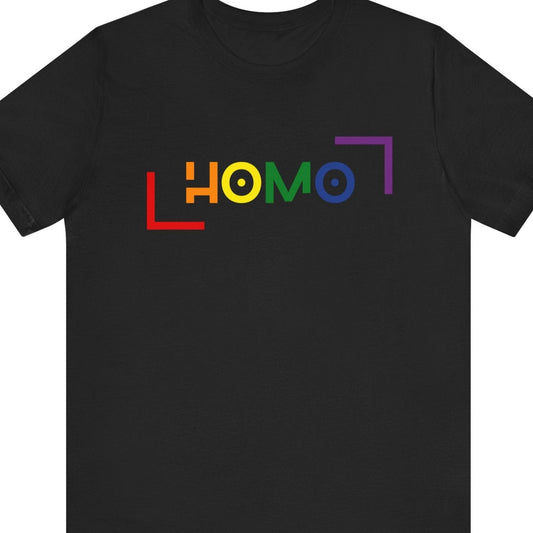 Gay pride black t-shirt with bold text that says “HOMO” – Designed by Queer Energy