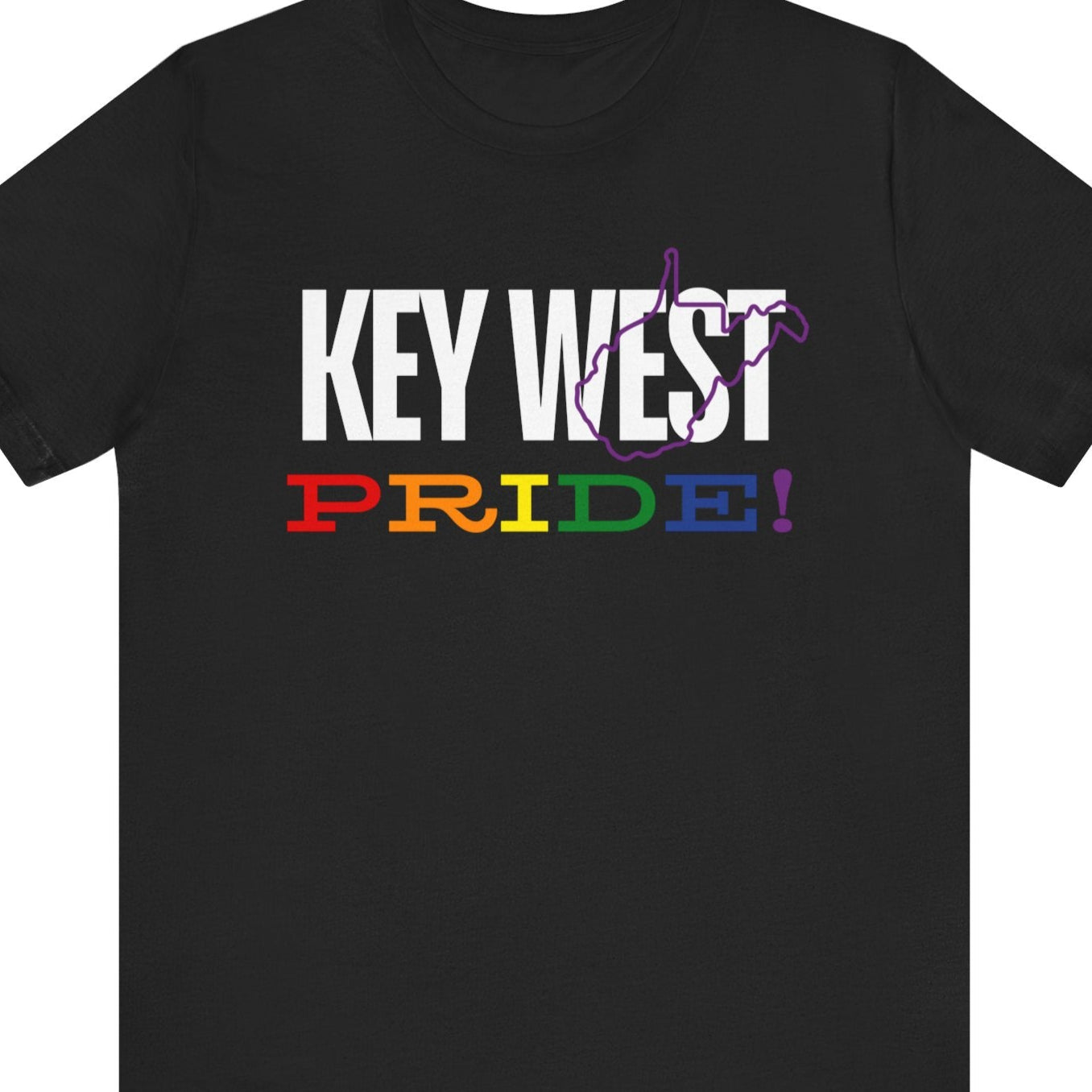Black Gay pride t-shirt with bold "KEY WEST PRIDE" text in rainbow colors – Designed by Queer Energy