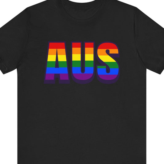 Black Pride tee that says AUS | Austin | with LGBT Pride tee in rainbow text designed by Queer Energy