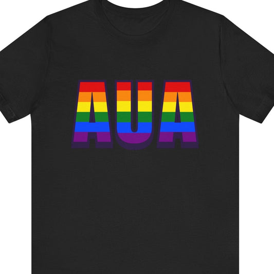 Black Pride T-shirt that says AUA | Aruba | Queer Pride tee with the text in LGBTQ Pride rainbow colors