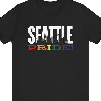 Black Gay pride t-shirt with bold "SEATTLE PRIDE" text in rainbow colors – Designed by Queer Energy