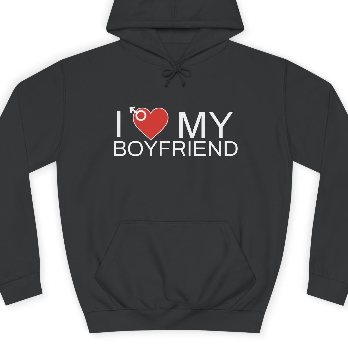Black hoodie with 'I ❤️ MY BOYFRIEND' text on a white background