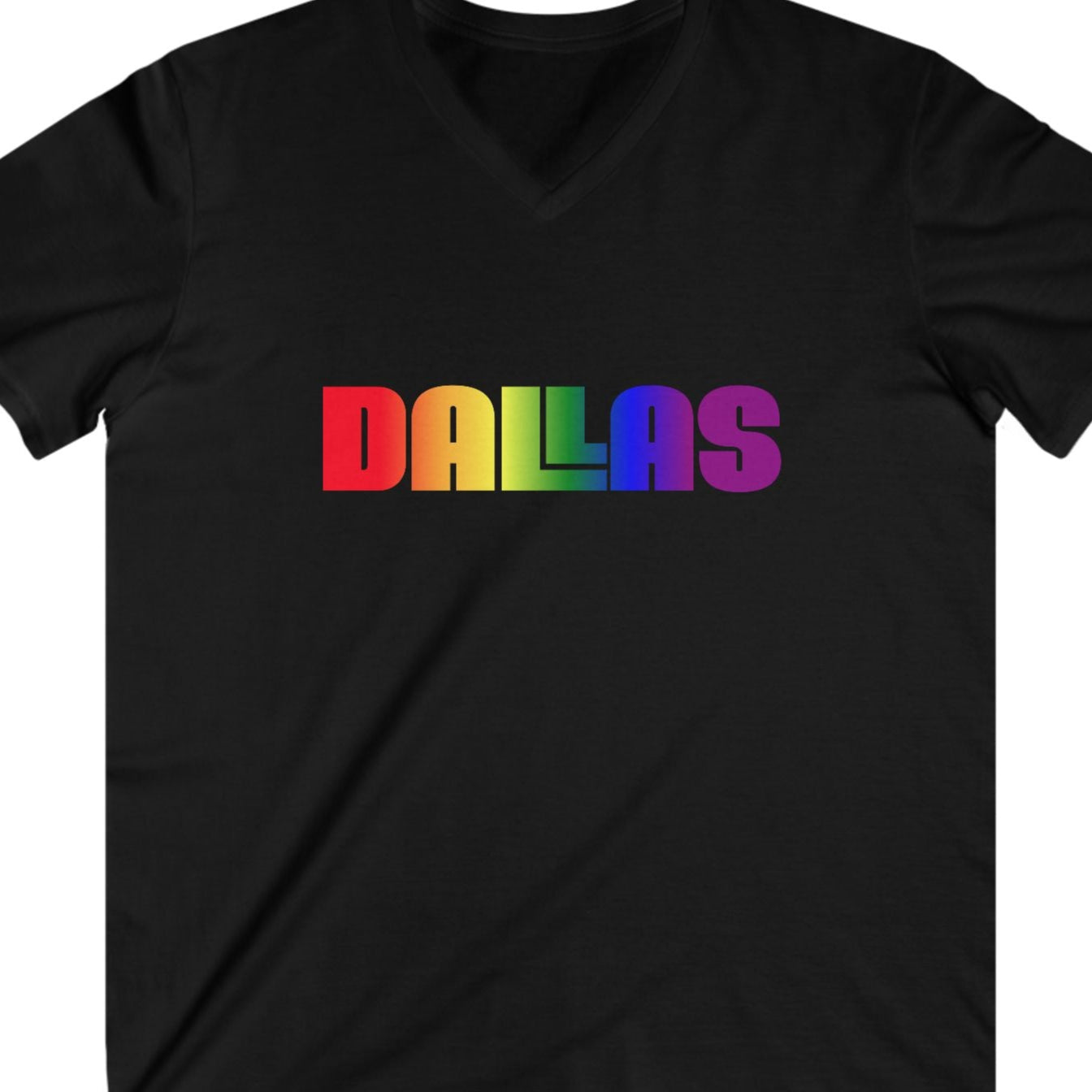 Black gay pride tee that says Dallas in LGBTQ Pride colors. Designed by Queer Energy