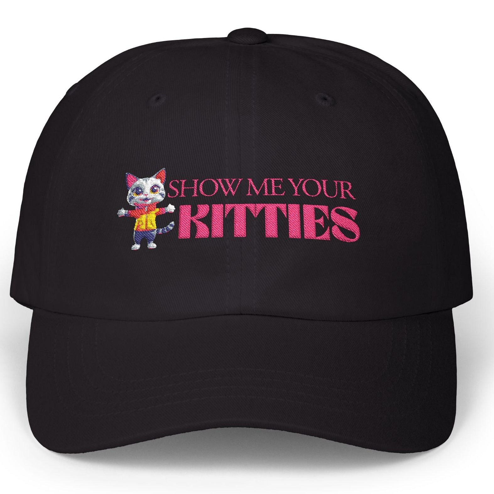 Black lesbian  cap with 'Show Me Your Kitties' text and cartoon cat on a white background