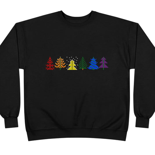Black sweatshirt with Pride embroidered print trees on a white background
