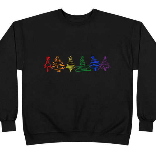 Black sweatshirt with Pride colored Christmas trees design on a white background