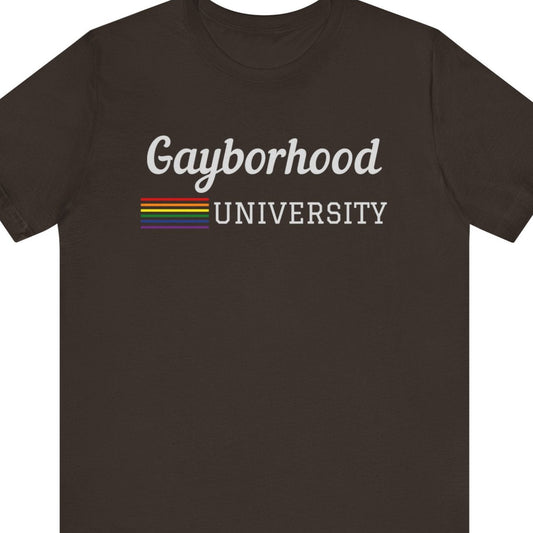 Brown Gayborhood University t-shirt with rainbow LGBTQ colors in a collegiate-style design