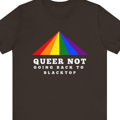 Brown t-shirt with rainbow crosswalk and white text on a white background