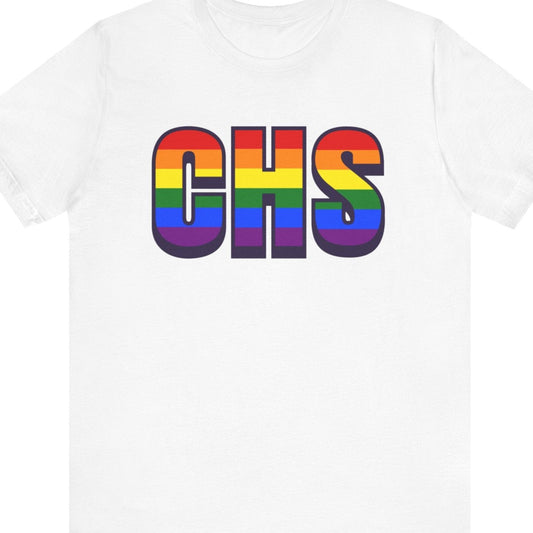 White T-shirt that says CHS | Charleston | Pride tee with the text in Pride rainbow colors