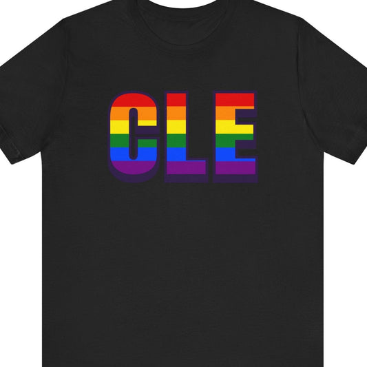 Black T-shirt that says CLE | Cleveland | Pride tee with the text in Pride rainbow colors
