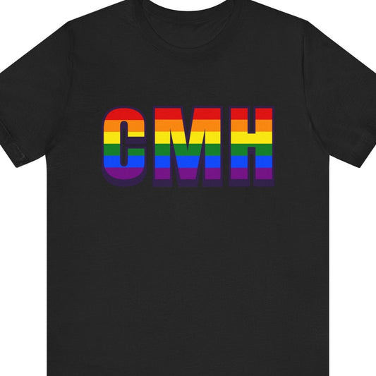 Black T-shirt that says CMH | Columbus International Airport | Pride tee with the text in Pride rainbow colors
