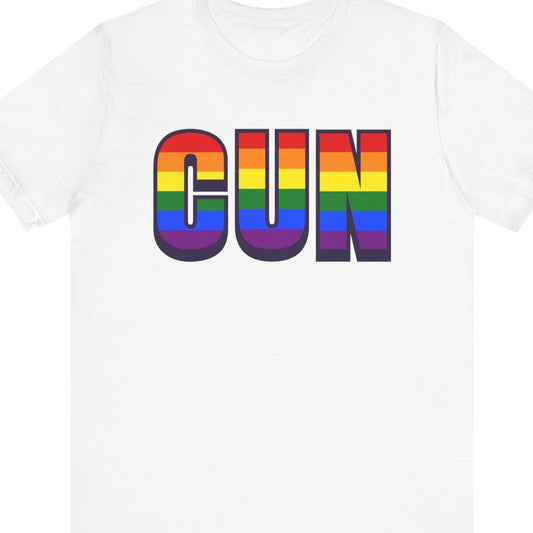 Black T-shirt that says CUN | Cancún International Airport| Pride tee with the text in Pride rainbow colors