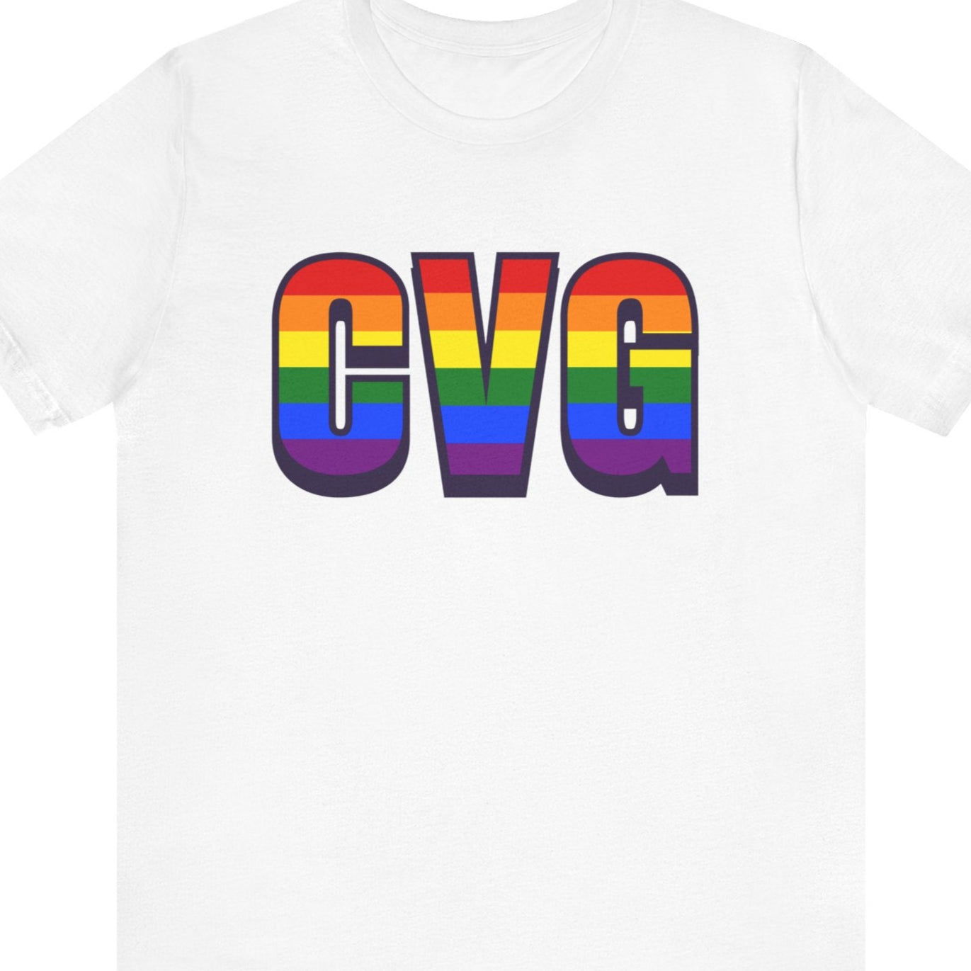 White T-shirt that says CVG | Cincinnati| Pride tee with the text in Pride rainbow colors