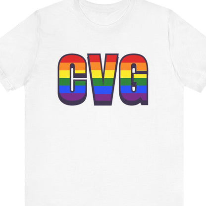 White T-shirt that says CVG | Cincinnati| Pride tee with the text in Pride rainbow colors
