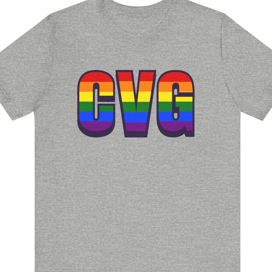Gray T-shirt that says CVG | Cincinnati| Pride tee with the text in Pride rainbow colors