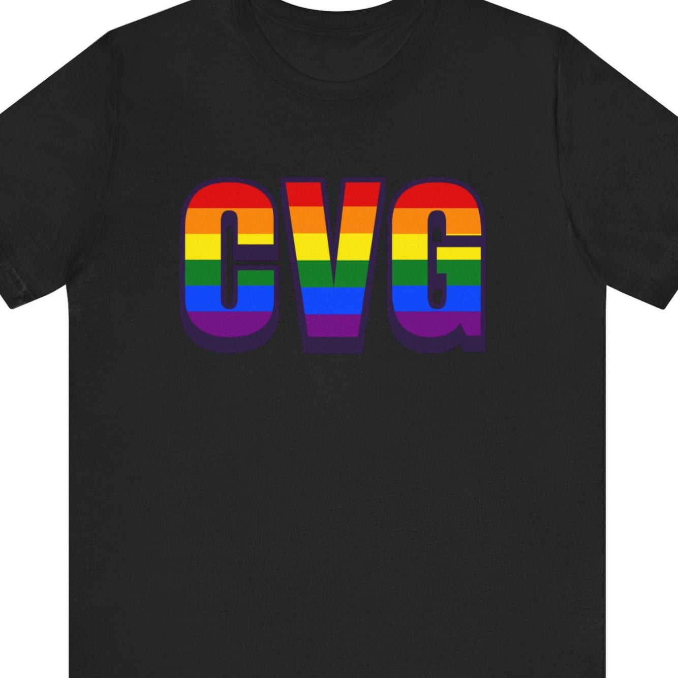 Black T-shirt that says CVG | Cincinnati| Pride tee with the text in Pride rainbow colors