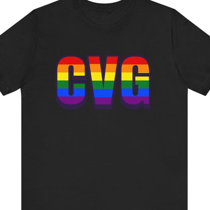 Black T-shirt that says CVG | Cincinnati| Pride tee with the text in Pride rainbow colors