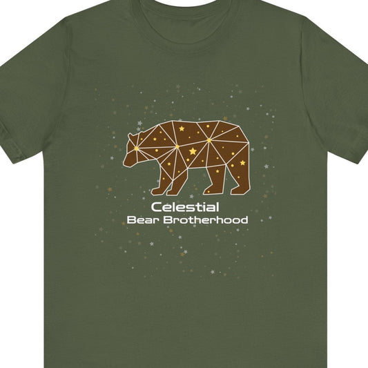 Gay pride t-shirt featuring Celestial Bear Brotherhood cosmic gay bear LGBTQ+ design – Designed by Queer Energy in army green