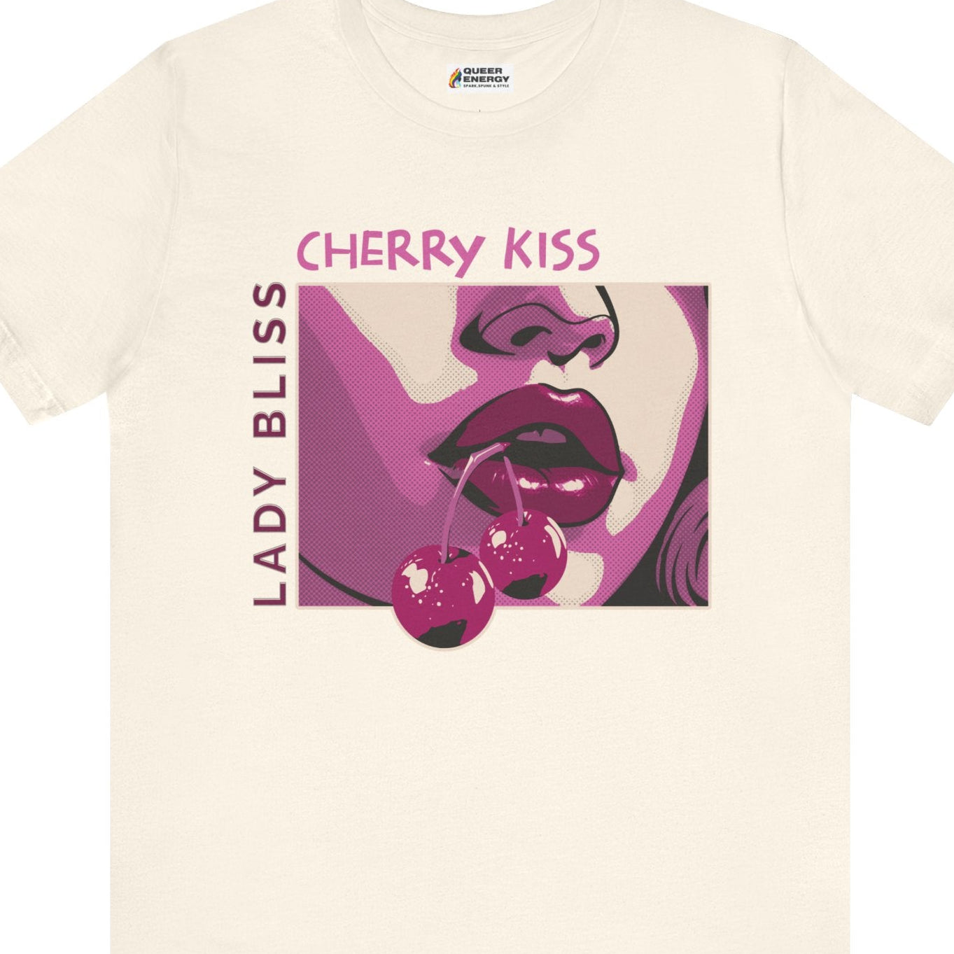 Gay pride t-shirt featuring Cherry Kiss – Lady Bliss graphic lesbian LGBTQ+ design – Designed by Queer Energy in tan