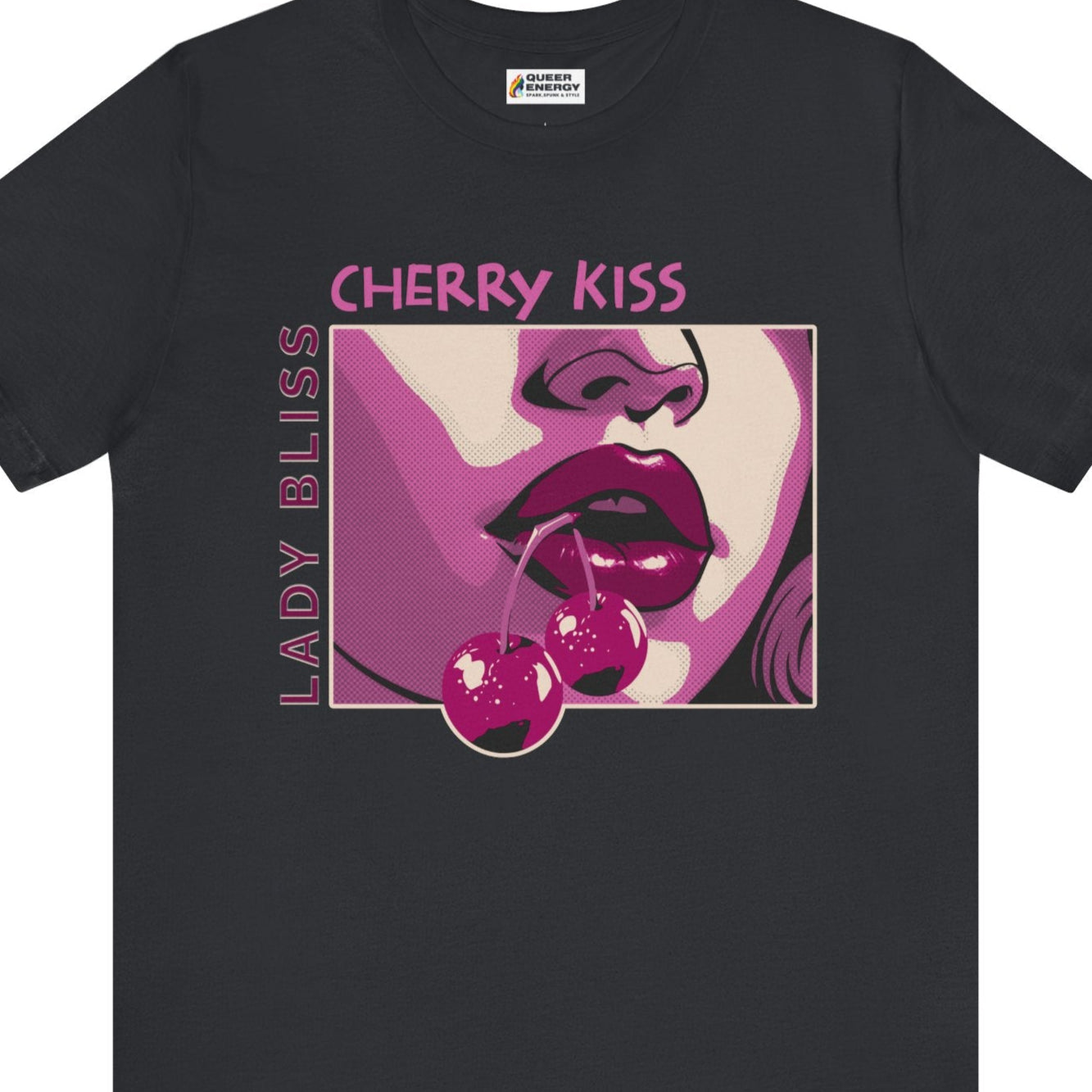 Gay pride t-shirt featuring Cherry Kiss – Lady Bliss graphic lesbian LGBTQ+ design – Designed by Queer Energy in vintage black