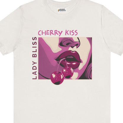 Gay pride t-shirt featuring Cherry Kiss – Lady Bliss graphic lesbian LGBTQ+ design – Designed by Queer Energy in white