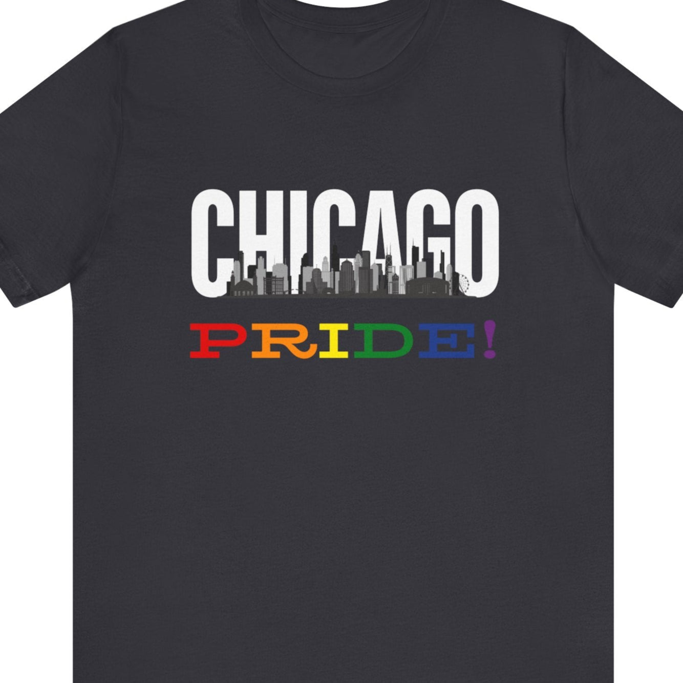 Dark gray Gay pride t-shirt featuring the Chicago skyline with rainbow accents – Designed by Queer Energy - Chicago Pride Tee
