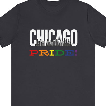 Dark gray Gay pride t-shirt featuring the Chicago skyline with rainbow accents – Designed by Queer Energy - Chicago Pride Tee