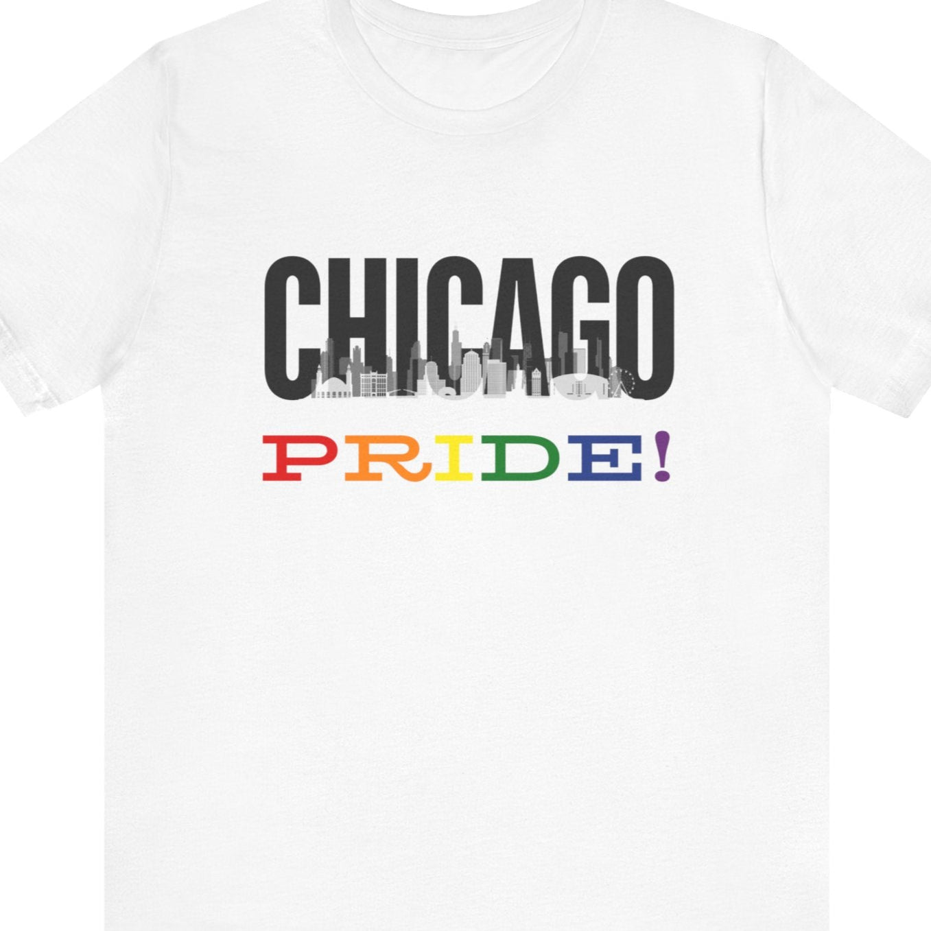 Chicago Pride Tee - white Gay pride t-shirt featuring the Chicago skyline with rainbow accents – Designed by Queer Energy
