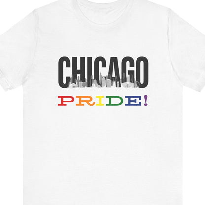 Chicago Pride Tee - white Gay pride t-shirt featuring the Chicago skyline with rainbow accents – Designed by Queer Energy